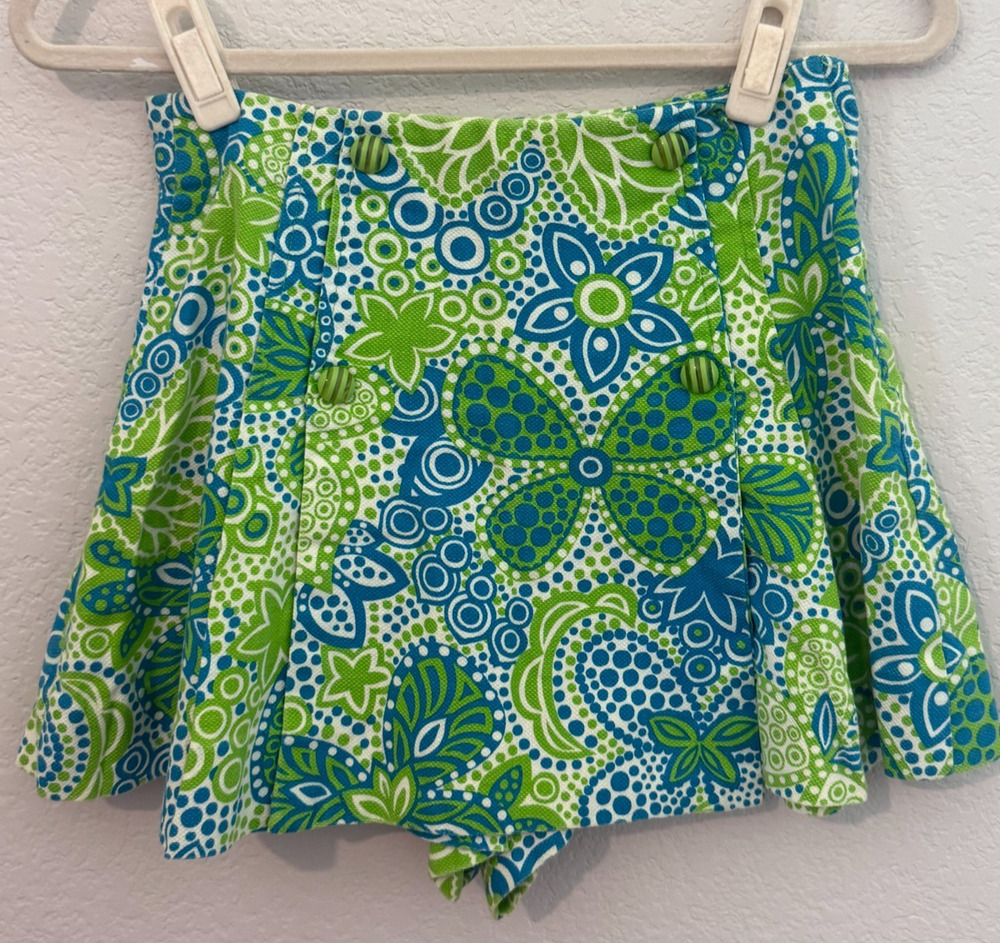 Vintage 60s Handmade Mod Floral Skort Green Blue Tennis Golf Scooter Skirt 6 / 8
